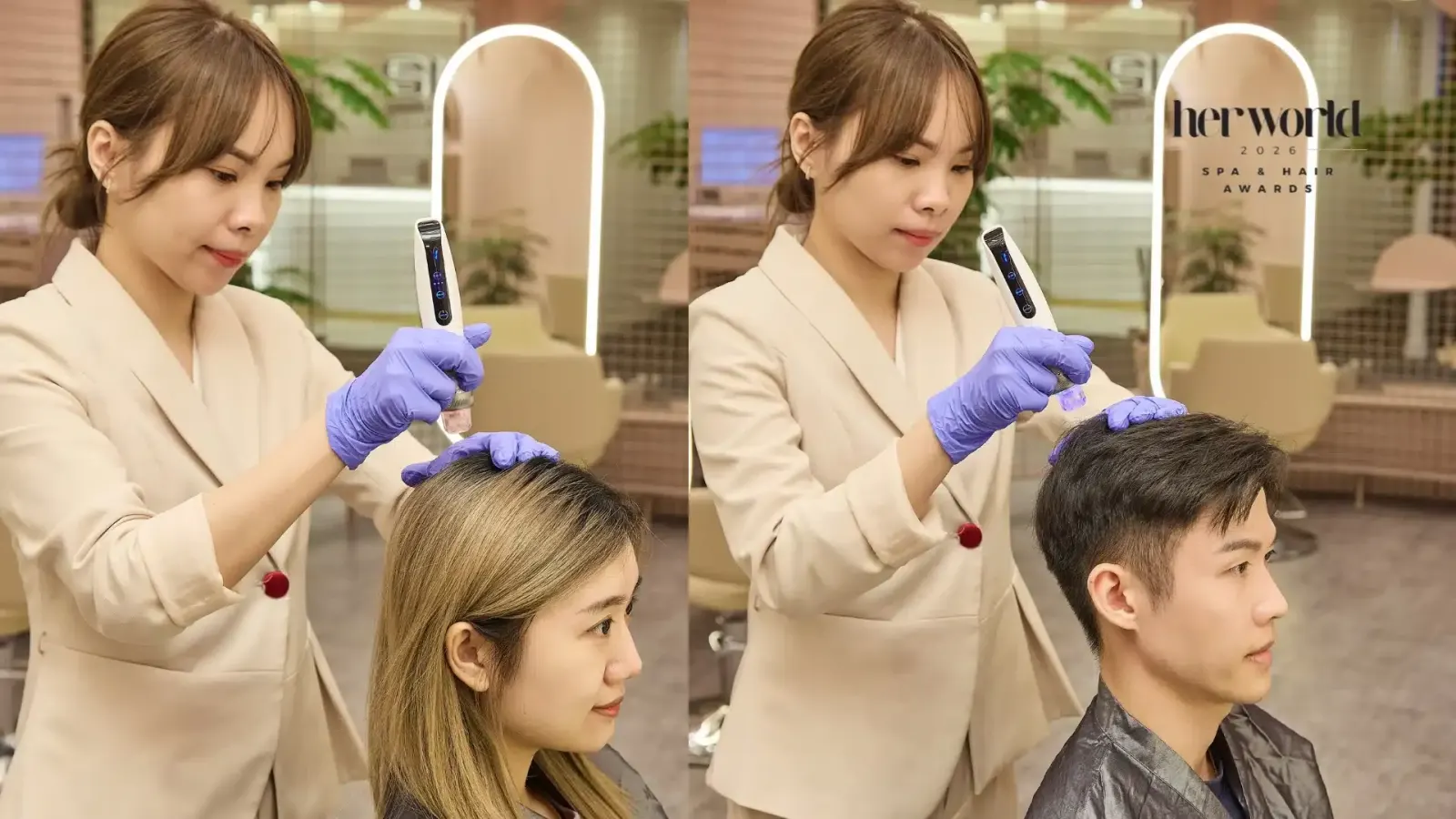 TrichoLab scalp specialists performing the Signature Medical Microneedling Hair Growth with IYASHI Exosomes treatment in the boutique